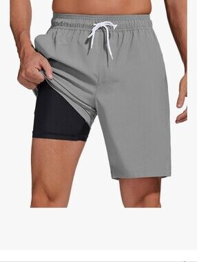 Difficort Men's Swim Trunks with Compression Liner Lt Grey - Lg